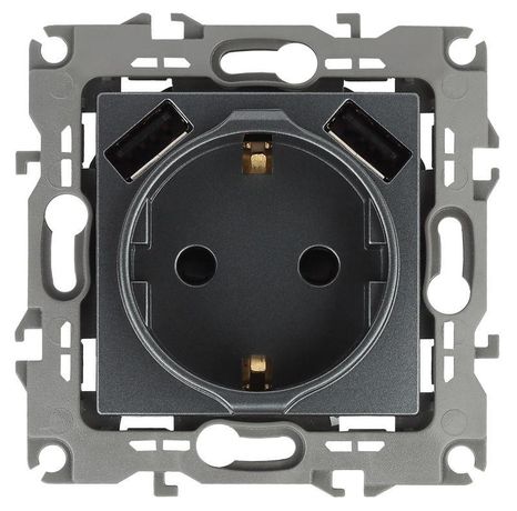 Розетка 2P+E 16A-250В, штор. с 2xUSB 5В-3А, Эра12, графит (10/100/2000) 12-4109-12 - Б0047846