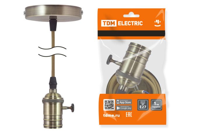 Патрон Е27 с выключателем подвесом 1 м, металлический "Лофт", бронза | SQ0335-0074 TDM