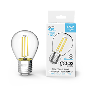 Лампа светодиодная филаментная LED 4,5 Вт 420 Лм 4100К E27 шар P45 белая Basic Gauss - 1051215