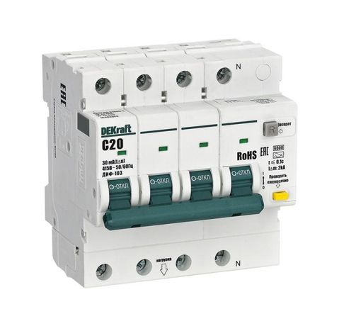 Выключатель автоматический дифференциального тока АВДТ 3P+N 20А 30мА AC х-ка C ДИФ-103 6кА | 16402DEK DEKraft APC