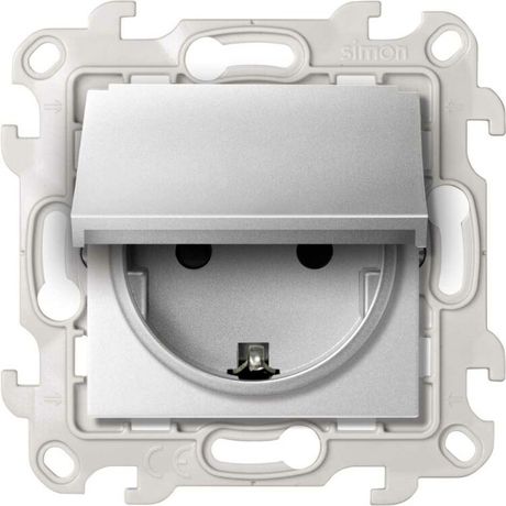 Розетка IP44 с крышкой, заземлением и шторками Schuko 2Р+Е 16A 250В цвета алюминий S24 Harmonie | 2450448-033 Simon
