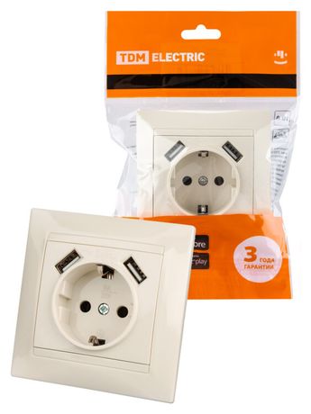 Розетка 2П+З 16А 250В + 2 USB порта 2,1А 5В сл.кость "Лама" | SQ1815-0142 TDM