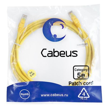 Патч-корд PC-UTP-RJ45-Cat.5e-3m-YL U/UTP, категория 5е, 2xRJ45/8p8c, неэкранированный, желтый, PVC, 3м - 7683c Cabeus
