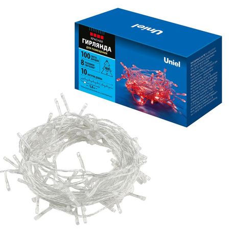 Гирлянда светодиодная 10м 100 светодиодов Красный свет Провод прозрачный ULD-S1000-100/DTA RED IP20 ТМ Uniel - UL-00008666