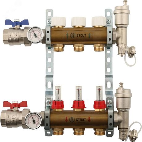 Коллекторная группа латунная 1' на 3 выходов со встроенными расходомерами - SMB 0473 000003 STOUT RG008P0SN2KGV3