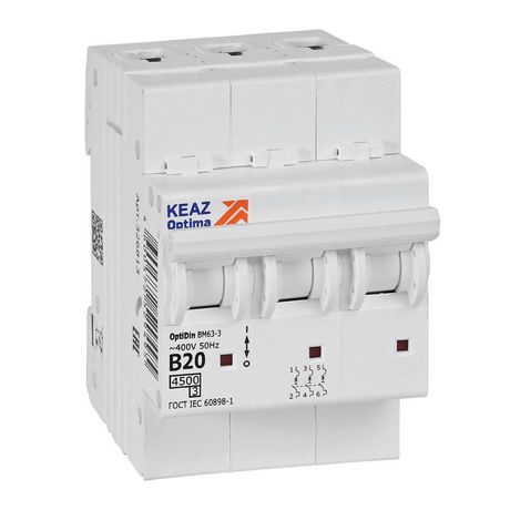 Выключатель автоматический трехполюсный 20А B 4,5кА AC OptiDin BM63-3B20-4,5-УХЛ3 - 329520 КЭАЗ