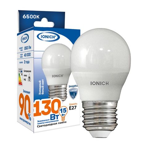 Лампа светодиодная G45 15Вт шар 6500К E27 1350лм 230В IONICH 1636