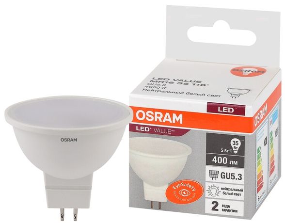 Лампа светодиодная LED 5 Вт GU5.3 4000К 400Лм спот 220 В (замена 35Вт) OSRAM - 4058075582422