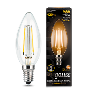 Лампа светодиодная филаментная LED 5 Вт 420 лм 2700К свеча теплый E14 AC 220В прозрачная колба Black Filament - 103801105 Gauss