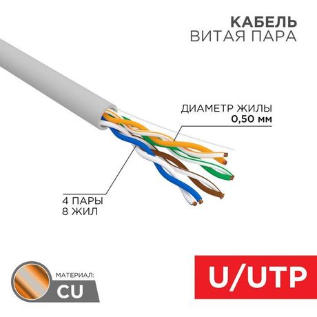 Кабель UTP 4PR 24AWG, CU (медь), CAT5e, 100 МГц, PVC, серый, бухта м | 01-0043-100 REXANT MEET