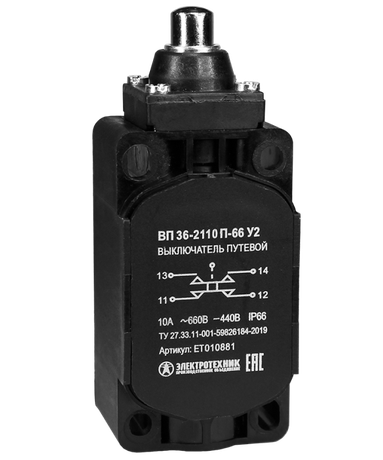 Выключатель путевой ВП 36-2110П-66 У2 1НО+1НЗ 3А IP66 толкатель безинерционный 30х60мм без сальника Электротехник ET010881
