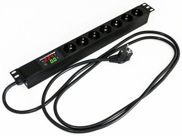 Блок розеток для 19' шкафов. горизонтальный. 7 Schuko. амперметр/вольтметр. кабель питания 2.5м (3х1.5мм2) с вилкой Schuko 16A. 250В. 482.6x44.4x44.4мм (ШхГхВ). корпус алюминий. черный - SHE19-7SH-AV-2.5EU Hyperline 412282