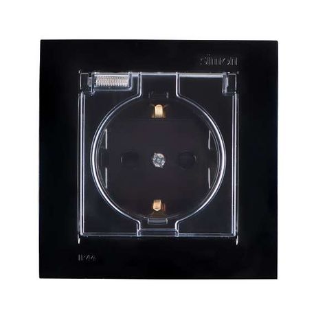 Розетка 2Р+Е Schuko, со шторками, с крышкой, IP44, 16А, 250В, винтовой зажим, черный глянец - 1590450-032 Simon