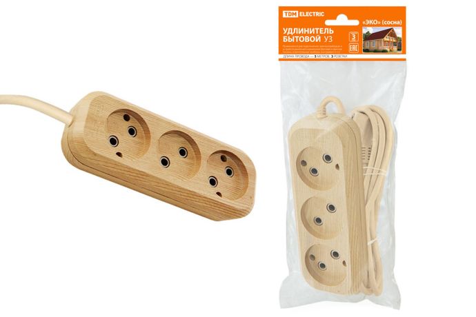 Удлинитель бытовой У3 3 гнезда, 5метров,2П б/з, ПВС 2х0,75мм2 "Эко" (сосна) 10А/250В | SQ1303-2202 TDM