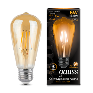 Лампа светодиодная филаментная LED 6 Вт 550 лм 2400К AC185-265В E27 ST64 теплая золотистая колба Black Filament Gauss - 102802006