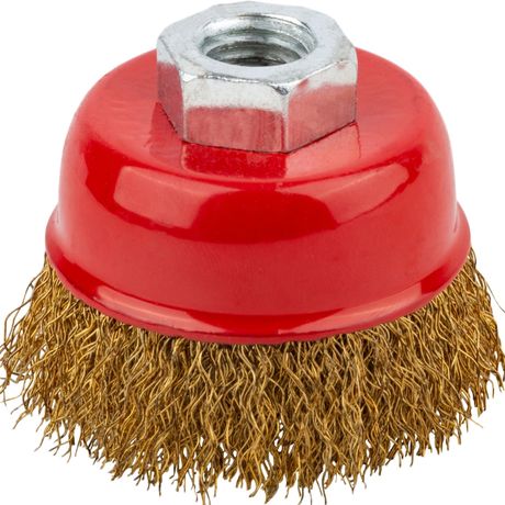 Кордщетка-чашка, гайка М14, стальная латунированная волнистая проволока 65 мм - 39265 РОС