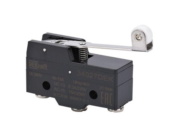 Выключатель концевой 1НО1НЗ миниатюрный шарнирн. длиннорычажного типа с роликом DEKraft 34027DEK APC