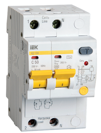 Выключатель автоматический дифференциального тока АД12М 2п 50А C 30мА тип A (3 мод) | MAD12-2-050-C-030 IEK