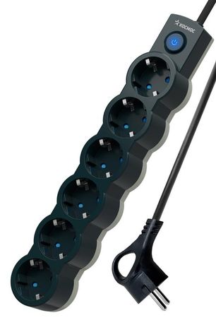 Удлинитель 6х1.5м с заземл. 10А IP20 2200Вт 220В защ. шторки ПВС 3х1 выкл. черн. КОСМОС YKsm1.5m-6g-Z-V10A-B