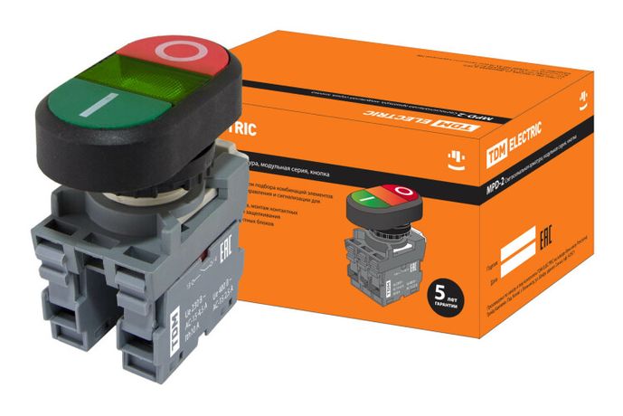 Кнопка двойная MPD2-11G (зеленая/красная) (LED) в сборе d22мм/24В (I/O) линза зеленая | SQ0747-0059 TDM