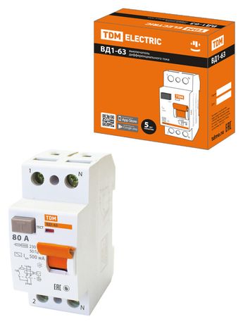 Выключатель дифференциальный (УЗО) ВД1-63 2Р 80А 500мА (тип АС, электромеханическое) | SQ0203-0096 TDM