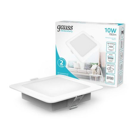 Светильник светодиодный ДВО 10 Вт 780 лм 4000К AC 220В IP20 квадрат 120х120х26мм монт разм 90х90мм Пластик Elementary Gauss - 998420209