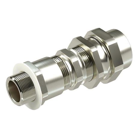 Взрывозащищенный кабельный ввод серии КАС для бронированного кабеля М63х1,5 d:38,8-47мм D:45-53мм. Присоединительная резьба М75х1,5. Никелированная ла ДКС KAC7M8MHK