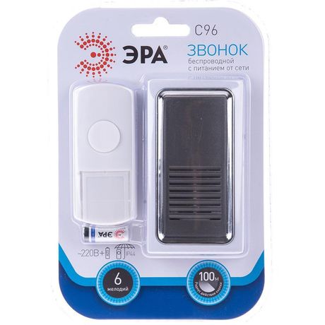 Звонок дверной беспроводной от сети 6 мелодий 100м IP44 бело-серый C96 - Б0018973 ЭРА