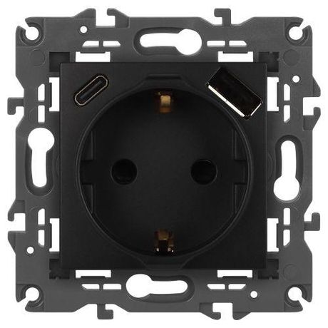 Розетка Elegance 14-4108-05 2P+E 16A-250В со шторками с USB type-A+C 5В-3А антрацит | Б0067724 ЭРА