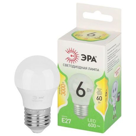 Лампа светодиодная LED 6 Вт 600Лм 3000К шар теплый E27 220-240В P45-6W-830-E27 Green Line - Б0067053 ЭРА