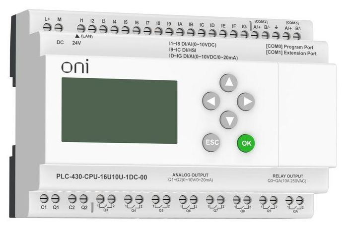 Модуль ЦПУ ПЛК 430 4 DI 12 UI (0-10В/DI) 8 RO 2 AO (1шт 0-10В и 1шт 0-20мА) 24В DC с Ethernet портом экраном ONI PLC-430-CPU-16U10U-1DC-00 IEK