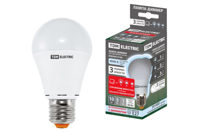 Лампа светодиодная А60 - 10 Вт-230 В -4000 К–E27 "-ДИММЕР" | SQ0340-0196 TDM