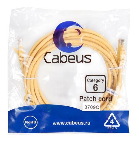 Патч-корд PC-UTP-RJ45-Cat.6-5m-YL U/UTP, категория 6, 2xRJ45/8p8c, неэкранированный, желтый, PVC, 5м - 8709c Cabeus