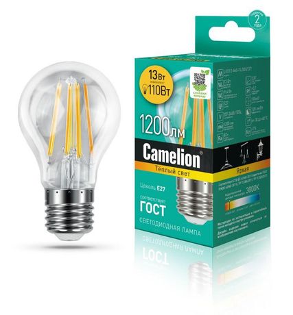 Лампа светодиодная филаментная LED13-A60-FL/830/E27 12Вт 220В Camelion 13716