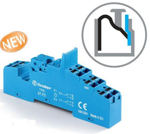 Розетка с безвинтовыми клеммами Push-in для реле 46.52, применяются модули 86.30, 99.02, в комплекте металлическая клипса 097.71, версия: серый цвет, ЖД-приложений - 97.P2.7SMA FINDER 97P27SMA