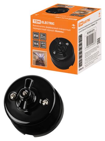 Выключатель фарфоровый поворотный перекрёстный с ручкой (бантик) 10А черный «Болонь» | SQ1820-0214 TDM