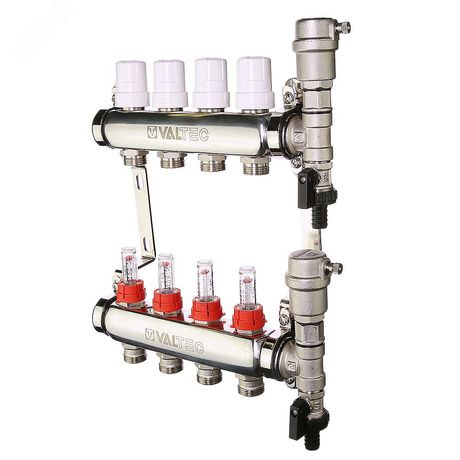 Коллекторная группа с регулирующими клапанами и расходомерами 1'x 4 выходами 3/4' евроконус - VTc.584.EMNX.0604 VALTEC IV584M604