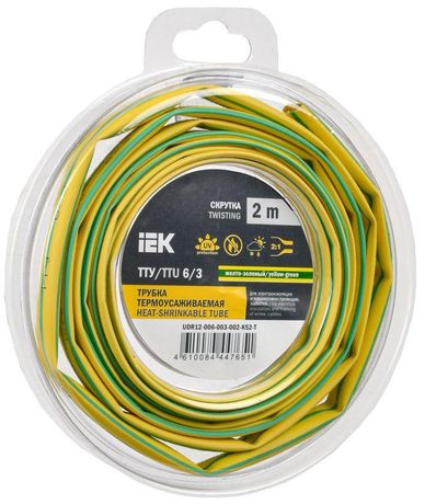 Трубка термоусадочная ТТУ нг-LS 6/3 жел-зел. (2м/упак) IEK | UDR12-006-003-002-K52-T