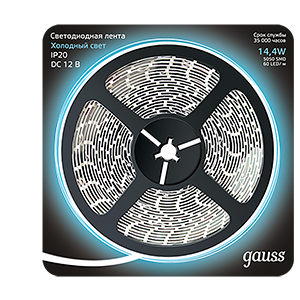 Лента светодиодная LED 5050/60-SMD 14,4 Вт/м 660 Лм/м 6500К холодный IP20 12 В DC 10 мм (блистер 5 м) Black Gauss - 312000314