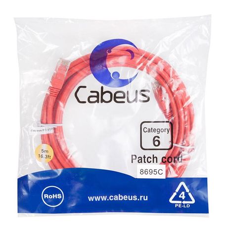 Патч-корд PC-UTP-RJ45-Cat.6-5m-RD U/UTP, категория 6, 2xRJ45/8p8c, неэкранированный, красный, PVC, 5м - 8695c Cabeus