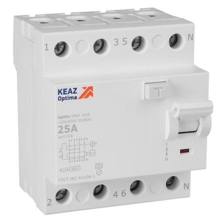 Выключатель дифференциального тока (УЗО) без защиты от сверхтоков 4П 25А 30мА A 4,5кА OptiDin DM63-4225-A-4,5-УХЛ4 - 343915 КЭАЗ