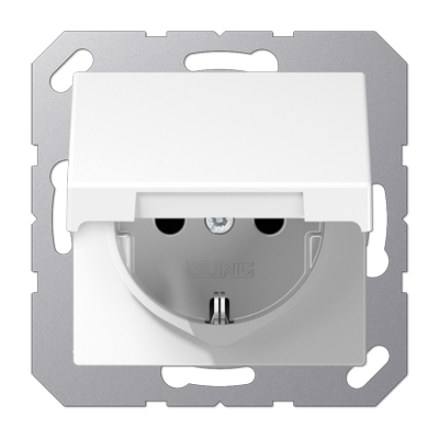 Штепсельная розетка SCHUKO одинарная, с заземлением, крышкой, шторками, 16A, 250В (механизм + накладка, без рамки). Серия A500 Материал- дуропласт Цвет- белый - A1520KIKLWW JUNG