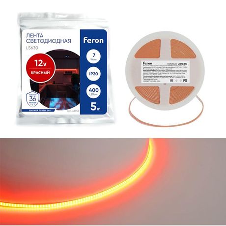Лента светодиодная 400SMD(2110)/ 7Вт/м 12V 5000*3*1.8мм красный, IP20, LS630 FERON | 48952