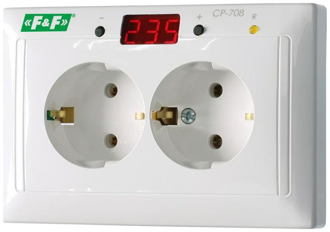 Реле напряжения CP-708 (однофазный; микропроцессорный; цифровая индикация напряжения; розеточный тип корпуса; для установки в монтажную коробку d60мм 100-300В 10А 1Z IP20) F&F EA04.009.008 Евроавтоматика