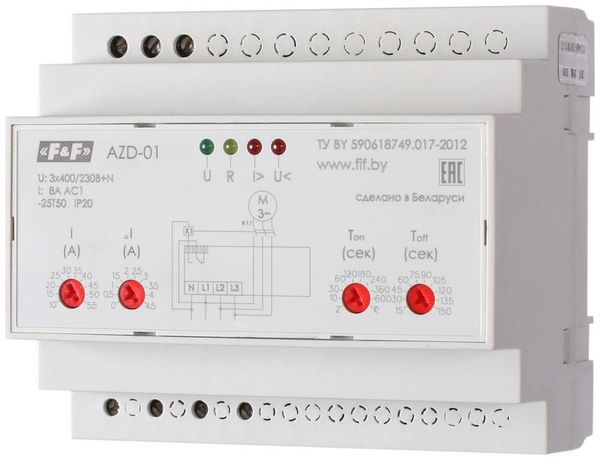 Реле защиты двигателя многофункциональное AZD-02 защита трехфазн. двигат. до 2.2кВт; и для работы с внешн. ТТ; 6 модулей; монтаж на DIN-рейке F&F EA05.004.005 Евроавтоматика