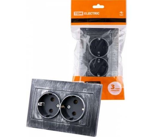 Розетка двойная 2П+З 16А 250В с защ. шт. старинное серебро "Лама" | SQ1815-0654 TDM