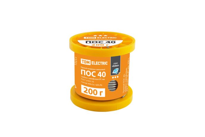 Припой ПОС 40, трубка с канифолью, ГОСТ 21931-76, 1 мм, 200 г, катушка, серия "Алмаз" | SQ1025-0323 TDM