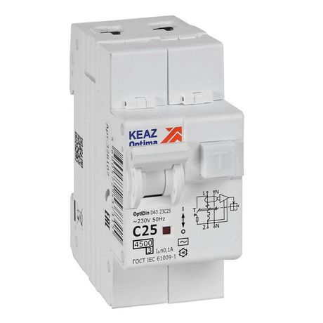 Выключатель автоматический дифференциального тока АВДТ с защитой от сверхтоков 2П 25А 100мА AC 4,5кА OptiDin D63-23C25-AC-У3 - 328107 КЭАЗ