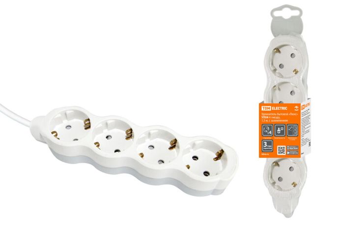 Удлинитель бытовой "Люкс" УЛ04 4 гнезда, 1,5м, с/з, с з/ш, ПВС 3х1мм2 16А/250В бело-серый | SQ1303-0235 TDM