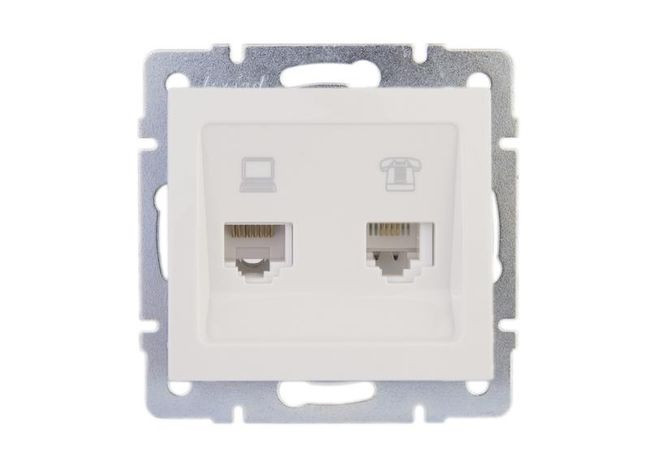 Розетка компьютерная + телефонная 2-м СП Rain RJ45 RJ11 16А IP20 механизм бел. LEZARD 703-0288-143